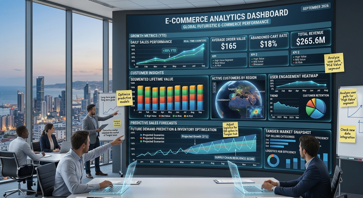 A futuristic e-commerce analytics dashboard displaying sales graphs and customer insights on a sleek monitor