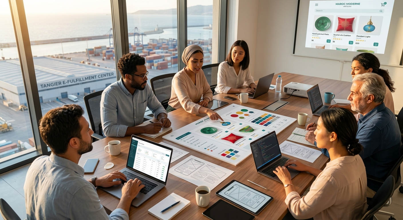 A diverse team collaborating around a conference table with laptops and design mockups for an online store