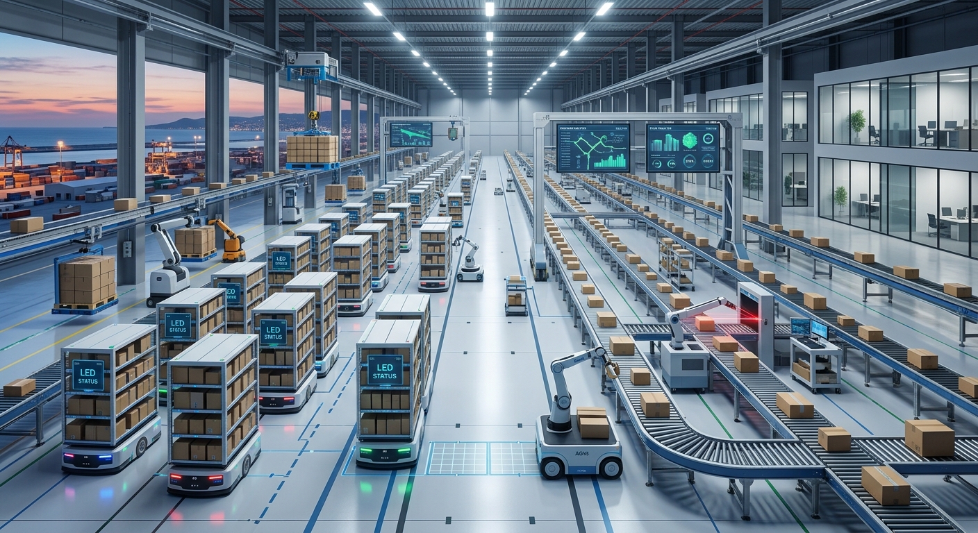 A modern automated fulfillment warehouse with robotic shelves and conveyor belts moving packages efficiently