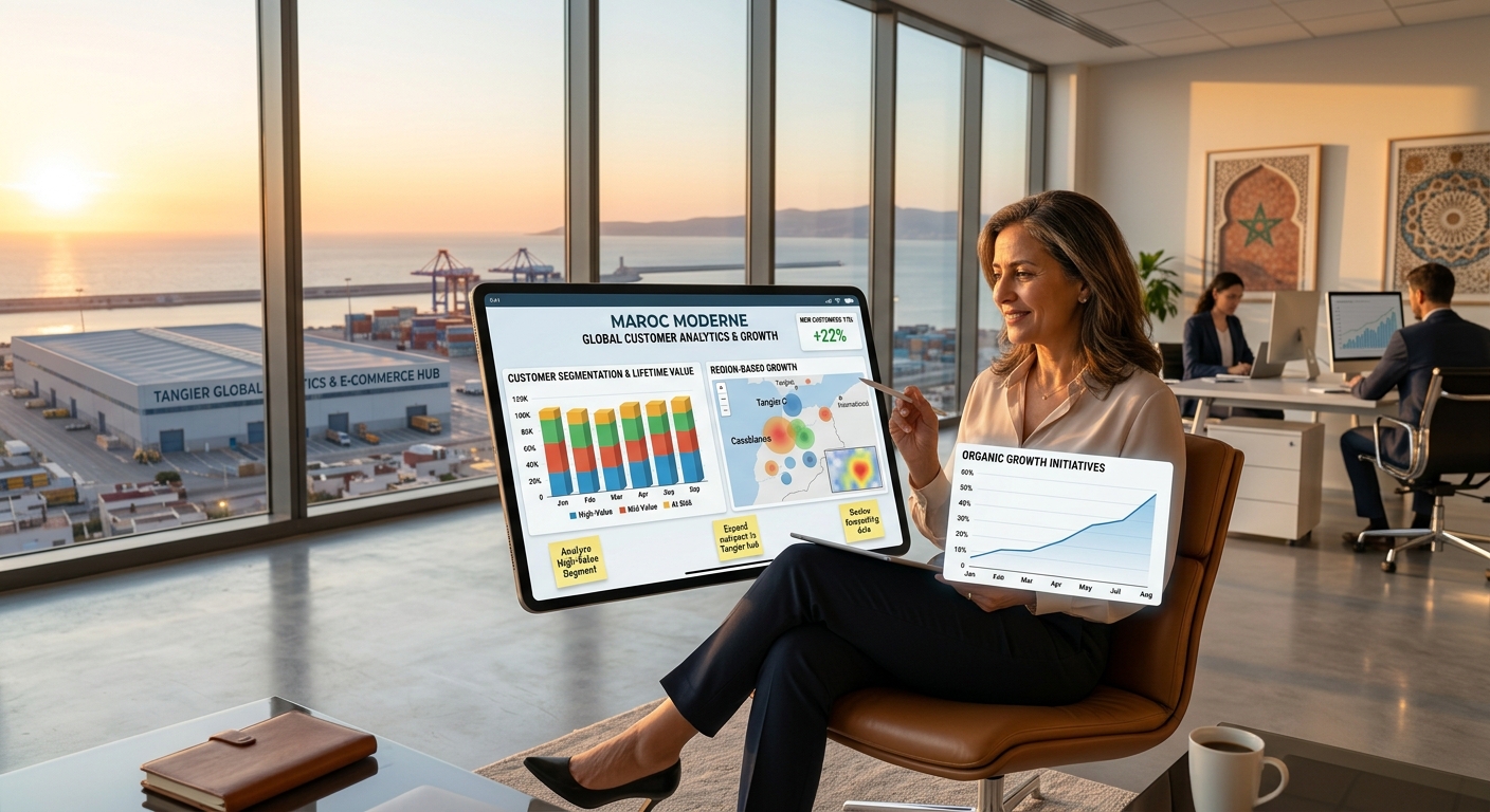 A business owner viewing customer segmentation charts and growth metrics on a tablet in a modern office