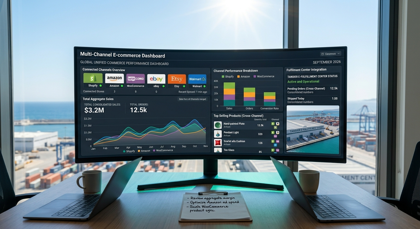 A multi-channel e-commerce dashboard showing connected stores like Shopify, Amazon, and WooCommerce in one unified view